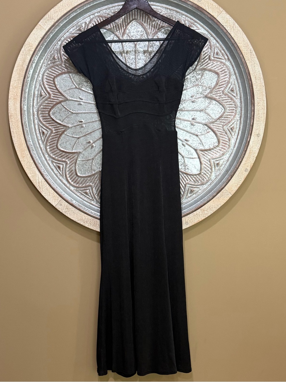Vintage 90s Off-Shoulder Black Fishtail Mermaid Midi Dress W/ Sheer Mesh Panels - Picture 4 of 8